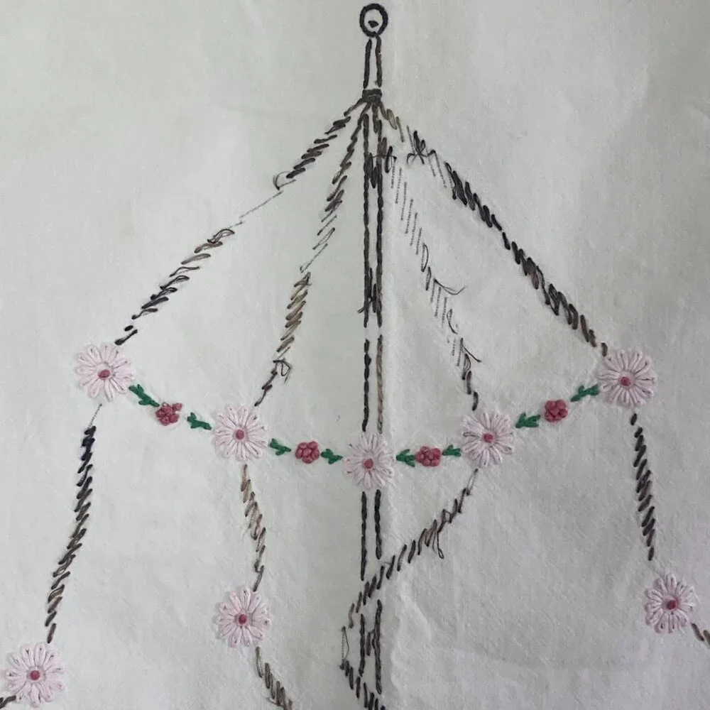 Vintage Hand Embroidered Applique Baby Crib Sheet Cover Puppies Dancing Maypole